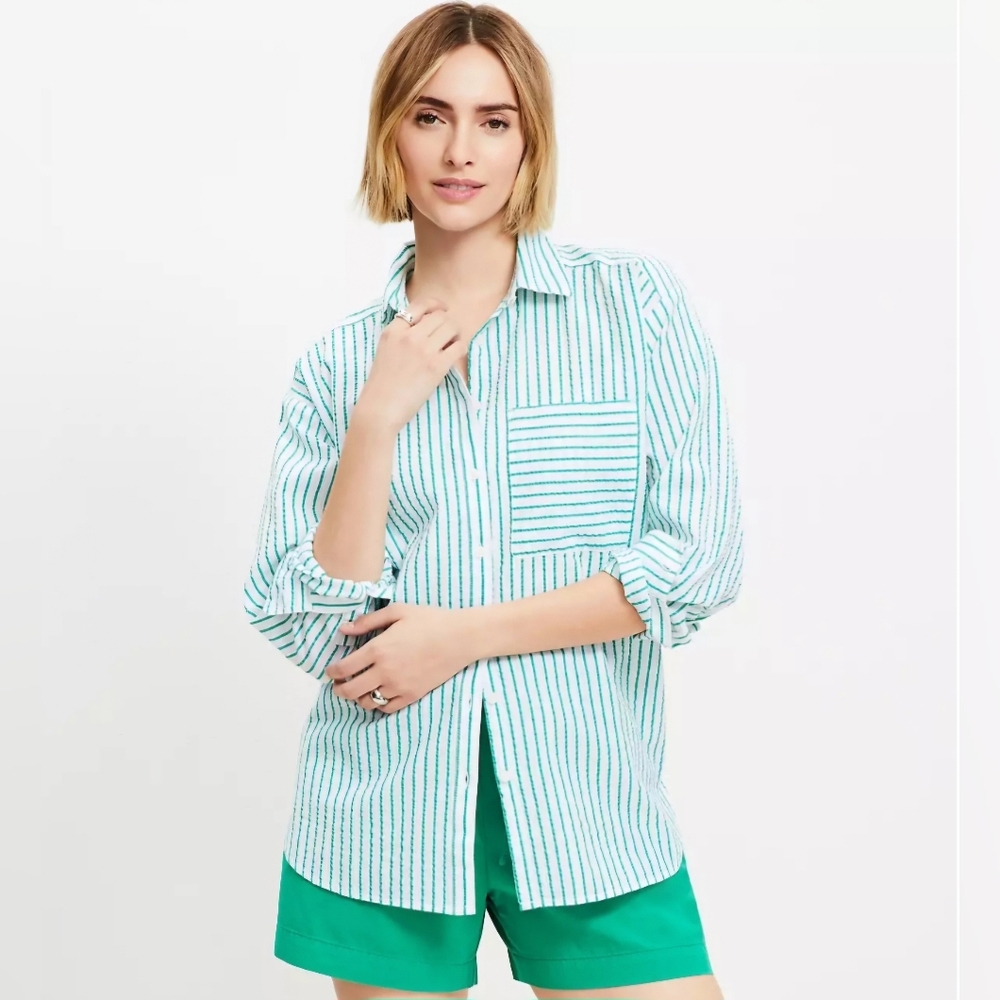 NWT LOFT Striped Everyday Oversized Pocket Button Down Shirt Green White Sz XXL
